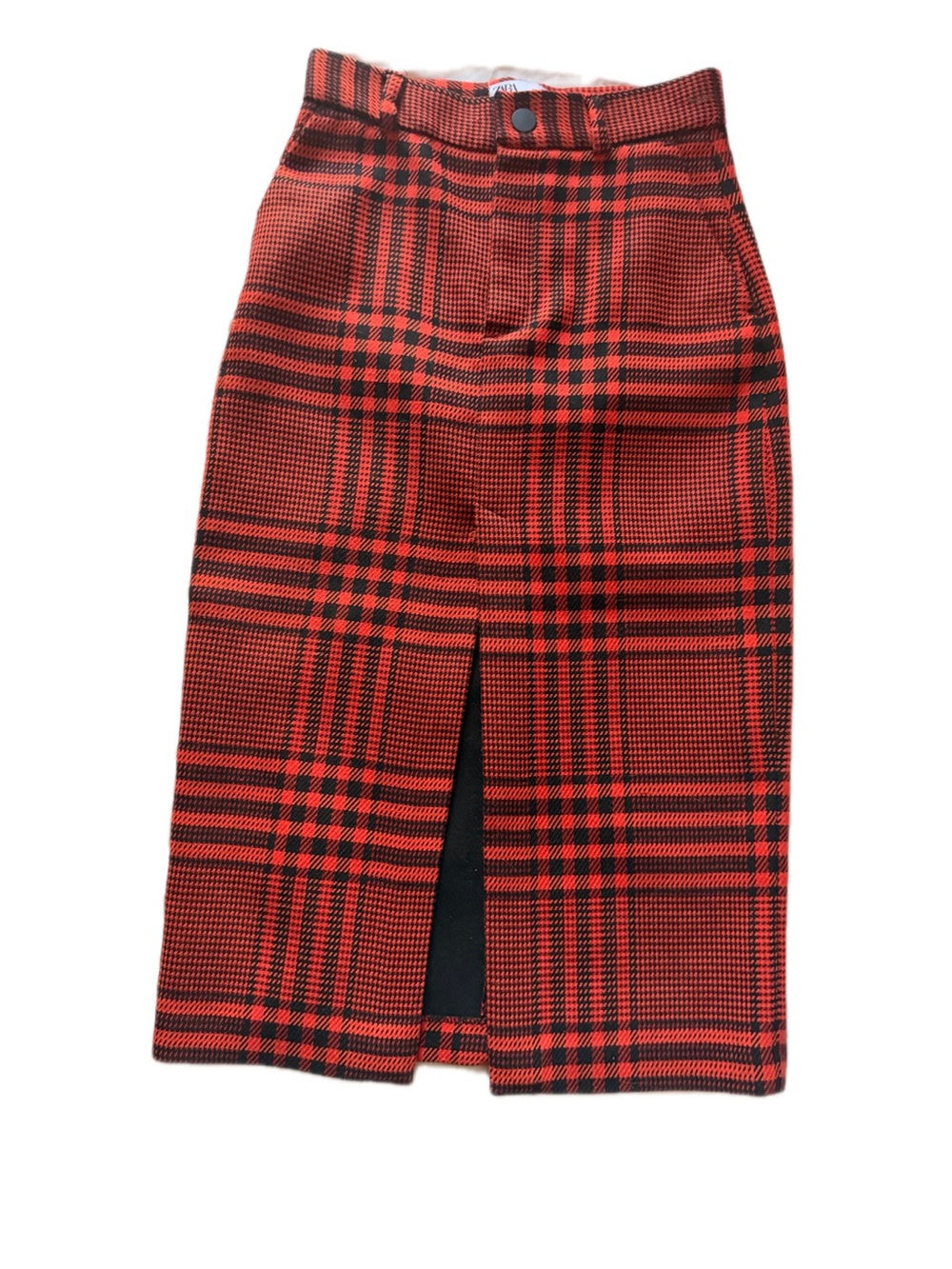 Zara Red and Black Plaid Midi Pencil Skirt with Front Slit